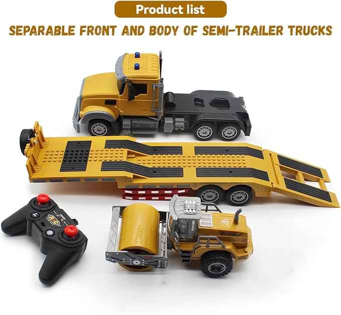 RC Semi Truck Remote Control Semi Truck and Trailer Toy 22.5 Inch 2.4Ghz Semi Truck Toy with Sound and Lights Road Roller Model 1/24 RC Construction Vehicles Toy for Adults &amp Kids Boys