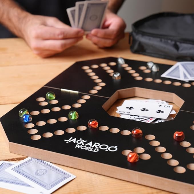 Jackaroo Board Game 2-4 Player Cards and Marbles Board Game Solid Wooden Game with 16 Glass Marbles and 52 Cards Marble Strategy Game Jokers and Marbles Game Foldable Board with Carry Bag (Black)