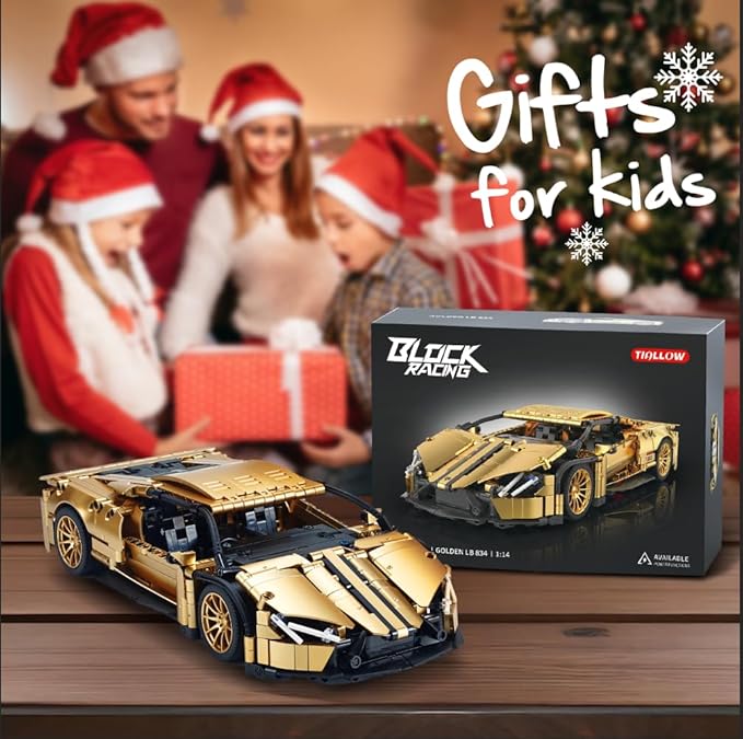 Sports Car Building Set for Adults - 1:14 MOC Toy Car Building Block Racing Car Model Kit Gifts for BoyfriendsBoys and Teens Age 8-14 (Gold)