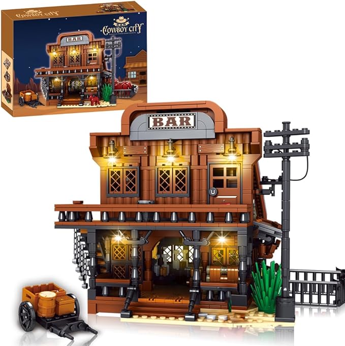 39116 Cowboy Town Bar Building Set with LED Lights 1834 PCS Wild West Saloon Modular Architecture Model Kit for Adults Western Street Scene