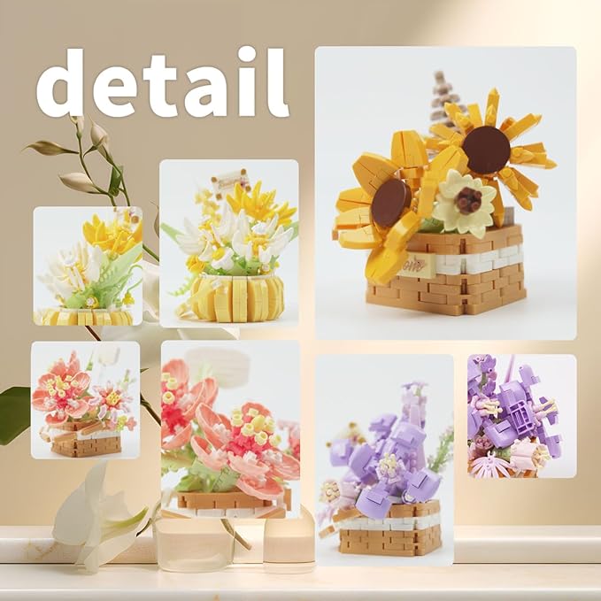 Miniature Flower Bouquet Building Blocks Set DIY Bonsai Basket Kit Artificial Flowers Botanical Collection Toys Home Shelf Decor for Adults &amp Teens (4 Sets)