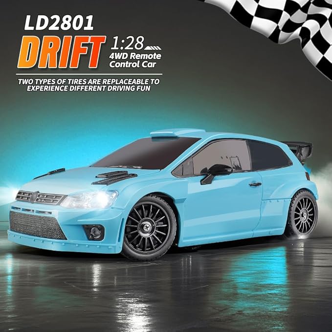 LDRC 2801 1/28 Mini RC Drift Car GTR 2.4GHz 4WD RTR with 4PCS Drift Tires Racing Radio Control Cars (Blue2)