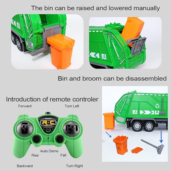 2.4G RC Garbage Truck Toy with Lights - 6 Channel Remote Control Waste Management Garbage Truck with 2 Rechargeable Batteries Kids Recycling Trash Toys Excellent Xmas Gifts for Boys Girls 3-8