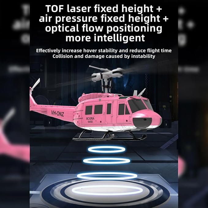 C032 UH-1 Huey RC Helicopter for Adults 1/48 Scale 2.4G 6CH Flybarless Stunt RC Plane 6-Axis Gyroscope Optical Flow Positioning TOF Lidar Height Setting for Beginners (Pink (3 Batteries))