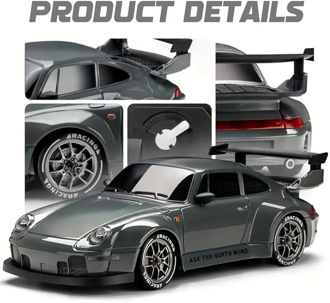 RC Drift Car 1:24 Scale Remote Control Vehicle with LED Lights 2.4GHz 20KM/H 4WD High Speed RC Cars Drifting Tires＆Two Batteries. (Dark-Gray)