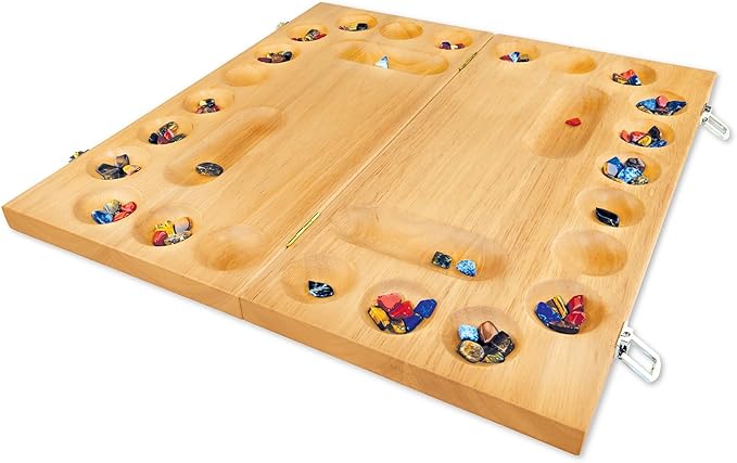 MindWare 4 Player Wooden Mancala Board Game with Foldable Board and Mancala Stone Movers - 2 to 4 Players