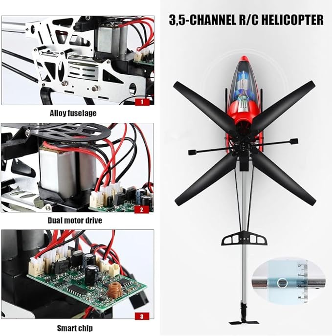 Red Large Fall Resistant RC Helicopter 3.5 Channels Remote Control Helicopter Toys Gift with LED Light Night with 2 Batteries