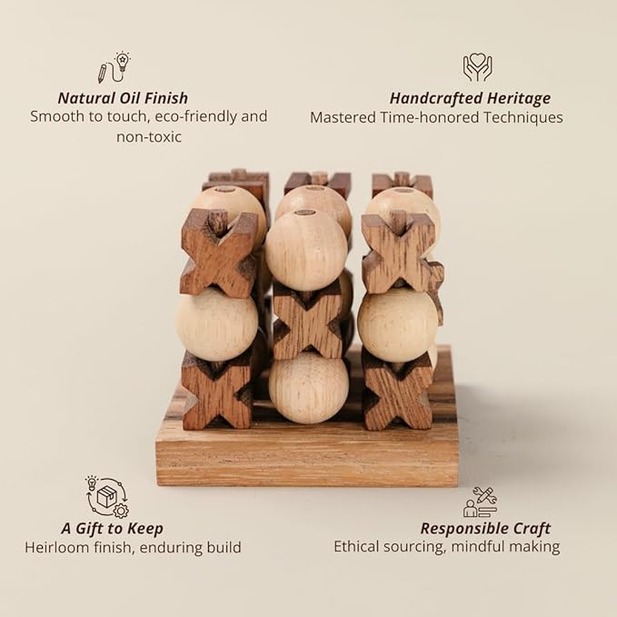 Wooden Tic Tac Toe (XOXO) Game – Handmade 2-Player Strategy Board Game – Travel Size Rustic Tabletop Decor – Sustainable Wood Gift for Adults Couples and Professionals (Mini 3D Tic Tac Toe)