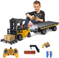 Remote Control Forklift with Flatbed Truck 11 Channel RC Forklifts with Spray Cool Lights &amp Sound 2 in 1 Lift Fork &amp Hook Crane Construction Toys for Boys Birthday Gift for Kids 3+