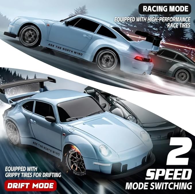 RC Drift Car 1:24 Scale Remote Control Vehicle with LED Lights 2.4GHz 20KM/H 4WD High Speed RC Cars Drifting Tires＆Two Batteries. (Blue)