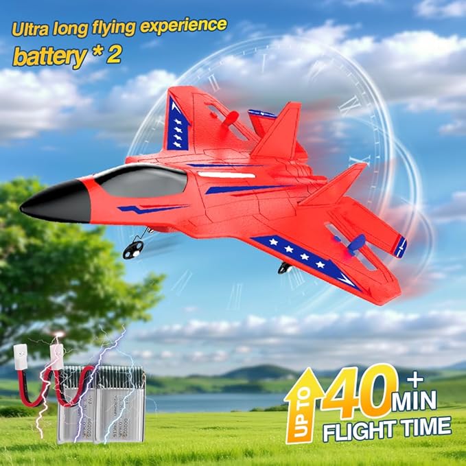 Fremego F-22 Raptor RC Plane 2.4GHz RC Airplane Fighter Toy Ready to Fly Remote Control Airplane Easy to Fly RC Glider Sports for Kids &amp Beginners (Red)