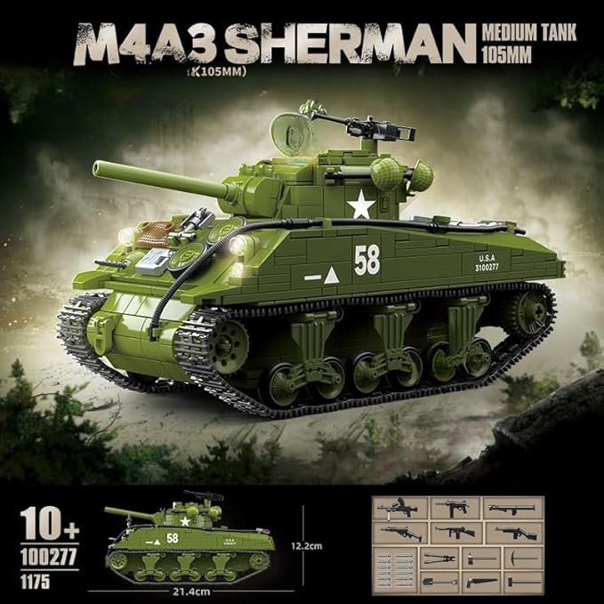 Generic WW2 Military Classic Model World War II M4A3 SHERMAN Medium Tank Building Blocks Toys Bricks for Boys (1175Pcs) Ages 15 and Up (100277)- without Original Box