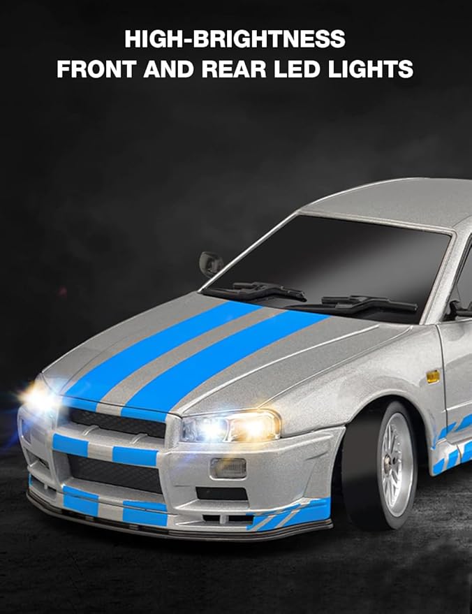 LD1899 1/18 Scale RC Drift Car GTR R34 2.4GHz RWD Mini Model Car with Gyro Alloy Body Shell Racing Cars for Adults Toys (Silver-Blue)