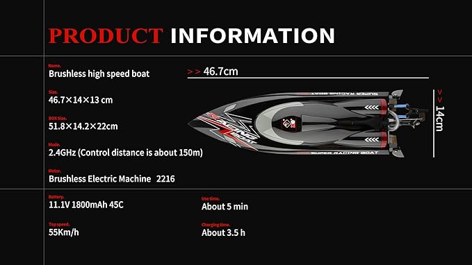 Remote Control Speed RC Brushless Boat WL916 2.4G 55km/h Under Motor RC Submarine with LED ights for Hobbies Adults Teen Favor