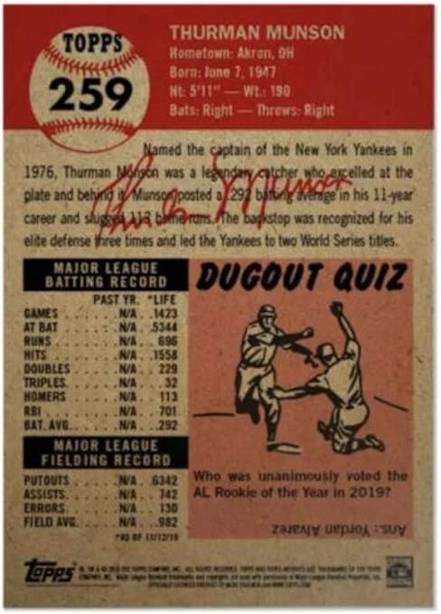 2019 Topps The MLB Living Set #259 Thurman Munson New York Yankees Official Baseball Trading Card with Facsimile Red Autograph on Back Continuation of 2018 Set