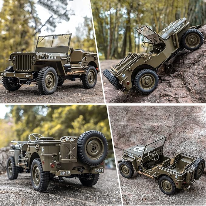 Rochobby FMS 1/12 1941 MB Scaler RC Jeep 4x4 Hobby Grade RTR RC Car Mini RC Rock Crawler Army Military 2.4Ghz RC Truck with LED Lights Battery and USB Charger for Adults