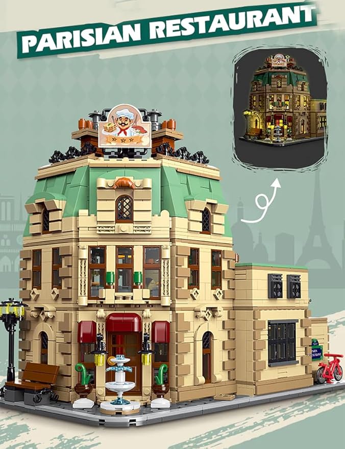 Restaurants in Paris Building Set with Lights Street Scene Series Building Blocks Set Modular Building Block Kit Home DecorGreat Gift for Teens and Adults 3104PCS