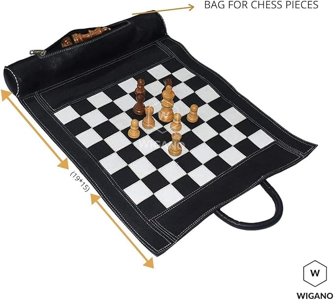 19X15 Genuine Leather Chess Set (Chess Size-12X12) - with 3 King Size Chess Pieces &amp Roll-Up Leather Chess Board (Black)