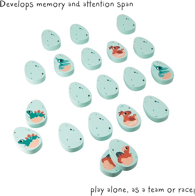 Janod Dino - Dinosaur Memory Game - 20 Wooden Dino Eggs with 10 Prehistoric Pairs - Cooperative or Competitive Early Learning Game - Ages 2-5 Years - J05826