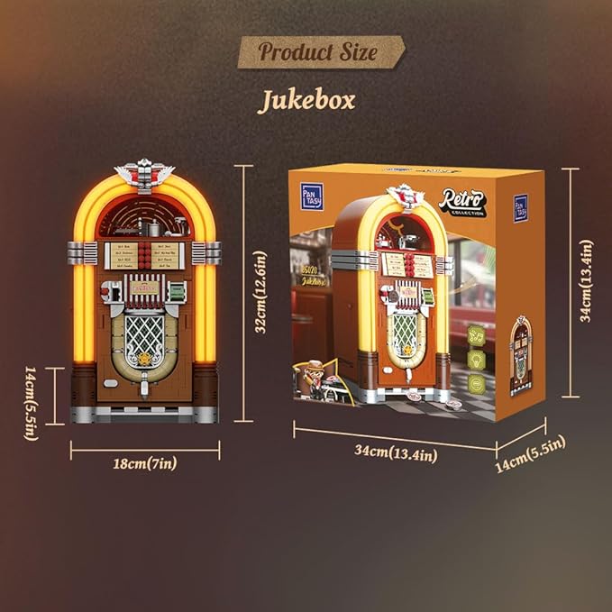 PANTASY Retro Jukebox Building Kit with Coin &amp Sound Function Mechanical Music Box Model with Acrylic Records Recording Studio &amp Minifigure Collectible Construction Toy Gift for Adults and