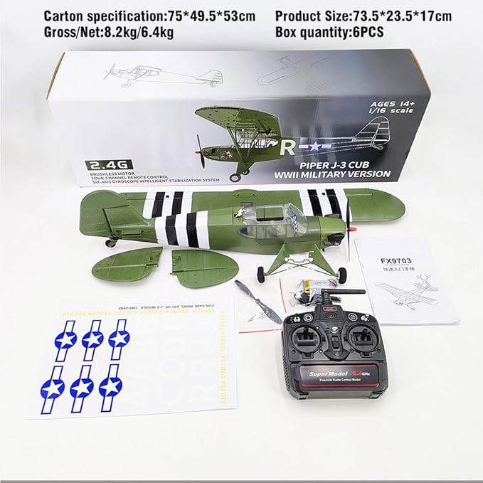 RC Plane 1/16 WWII Piper J-3 CUB RC 4CH Brushless Fixed-Wing Aircraft Model with Gyro Stabilization Outdoor RC Airplane for Beginner (RTF Version)