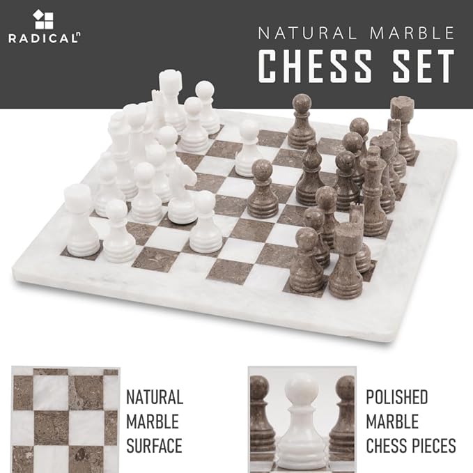 Radicaln Marble Chess Set 15 Inches Handmade White and Grey Oceanic Classic Board Games for Adults Luxury Marble Chess Board &amp Chess Pieces