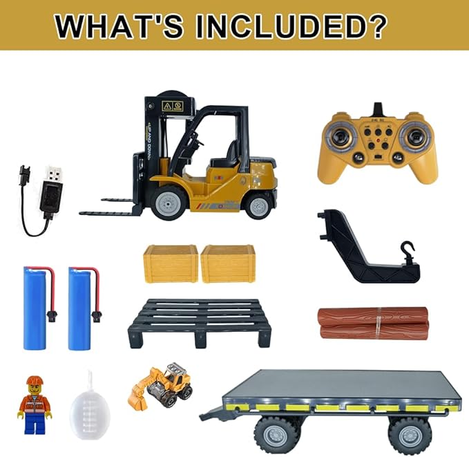 Remote Control Forklift with Flatbed Truck 11 Channel RC Forklifts with Spray Cool Lights &amp Sound 2 in 1 Lift Fork &amp Hook Crane Construction Toys for Boys Birthday Gift for Kids 3+