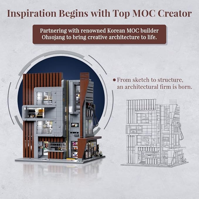 Architecture Studio and Toy Shop Modular Building Set 3 Story Modern Office with LED Lighting and European Castle Style Toy Store Urban Street Scene Brick Model with Minifigures
