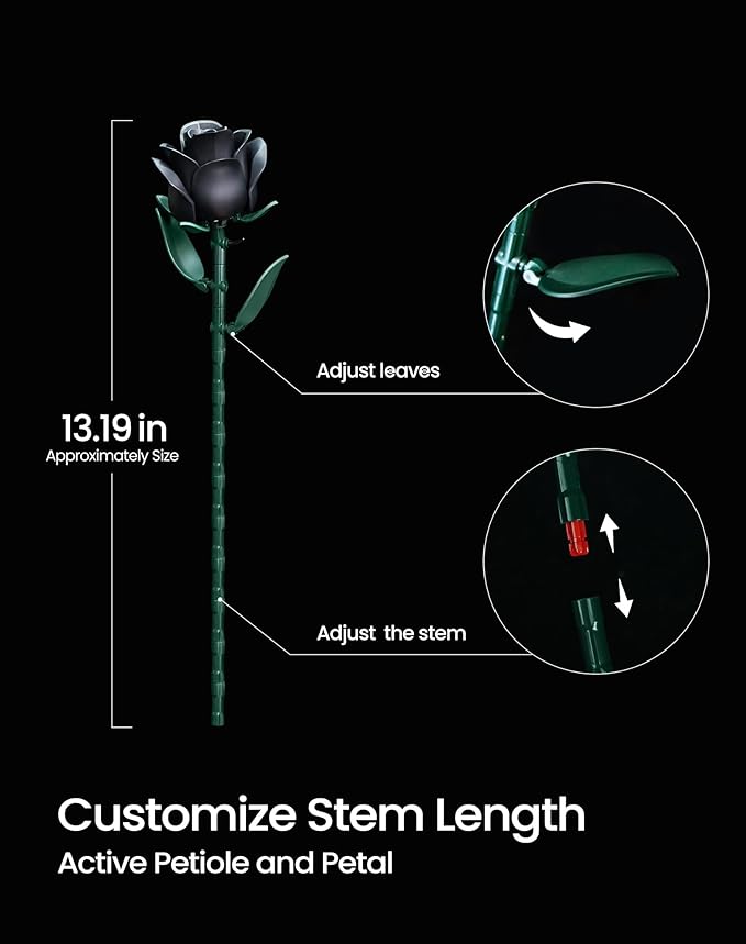 iATOM Black Rose Bouquet Building Set 12Pcs Flower Botanical Collection Kit for Adult Valentine's Day Gift for Her/Girlfriend/Mom/Wife/Couple Gothic Vintage Home Office Table Centerpiece Decor