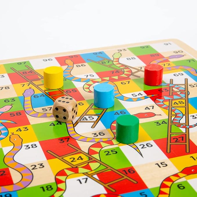 Bigjigs Toys Traditional Snakes and Ladders Game | 4 Player Wooden Board with Counters &amp Dice | Family Toy for Kids &amp Adults | Educational Tool for 3+ Year Old Children | Classic