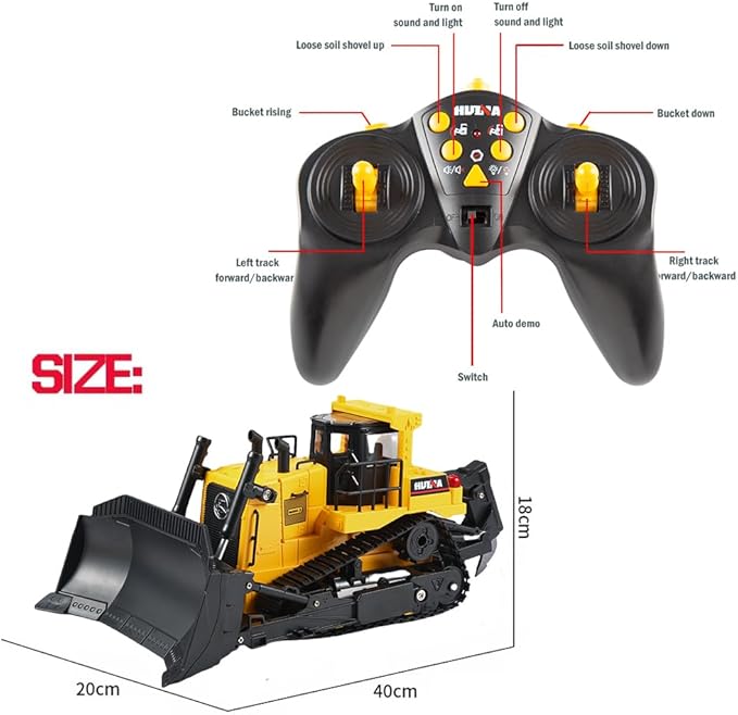 HUINA 1554 1/16 Scale Remote Control Bulldozer 2.4GHz 11CH RC Construction Vehicle with Lights &amp Sound Toy Electric Toys for Kids 8+ Years Old