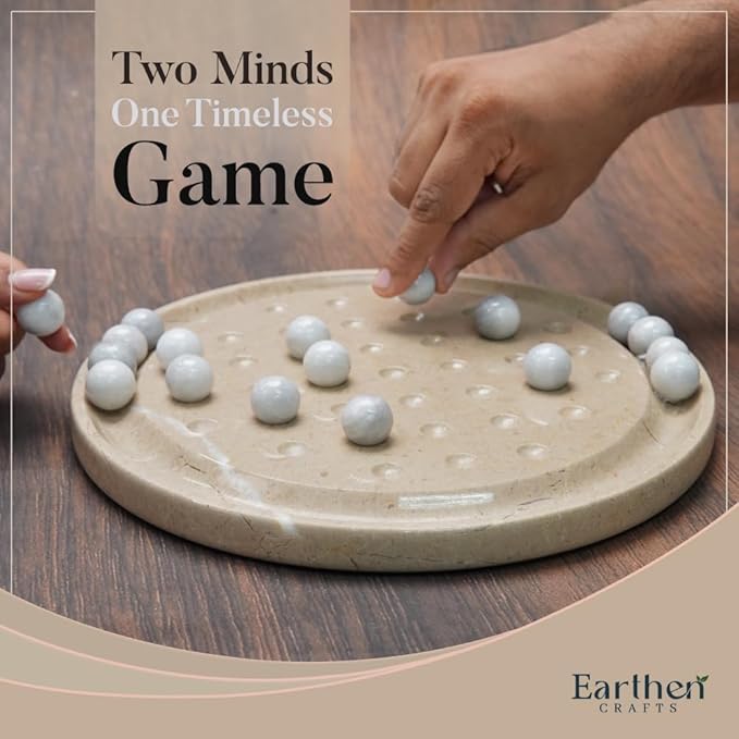 Marble Peg Solitaire Board Game 10 Inches Beige Stone Game with 42 White Assorted Marble Balls Classic Brain Puzzle for Fun Elegant Decor for Family Only
