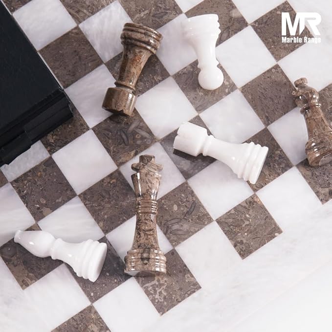 Marble Chess Set for Adults 15 Handmade White &amp Oceanic Board Game with 32 Chess Pieces 2 Extra Queens &amp Storage Box Luxury Travel Game – Elegant Home Décor