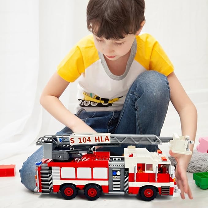 City Ladder Fire Truck Building Blocks Set (711 pcs) Toy Station Firetruck Bricks Collectible Fire Engine Building Kit Model Gift for Boys and Girls Adults Christmas and Birthday