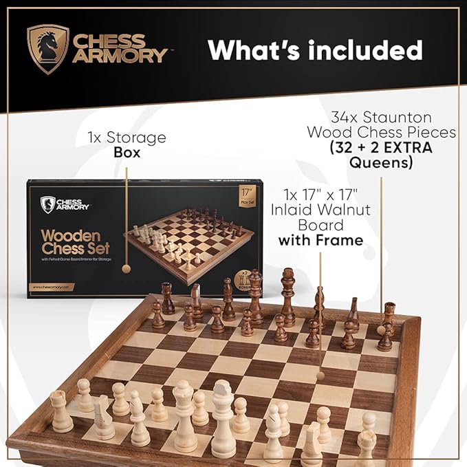 Chess Armory Wooden Chess Set – 17-Inch Large Chess Board with Felted Storage Box Extra Queens &amp Handcrafted Staunton Pieces