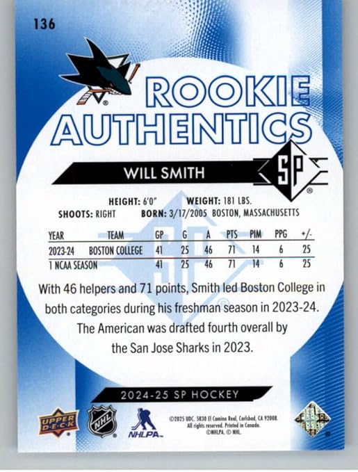 2024-25 Upper Deck SP Blue #136 Will Smith San Jose Sharks Official NHL Hockey Card in Raw (NM or Better) Condition