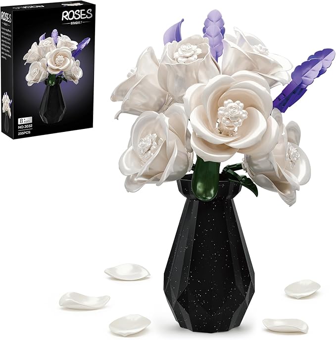 White Roses Flowers Bouquet Building Set with Vase 256 Pcs Artificial Botanical Collection with Purple Accents Floral Centerpiece Home Decor Gift for Adults