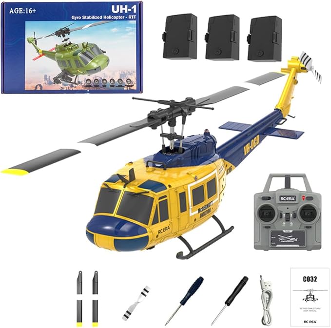 C032 UH-1 Huey RC Helicopter for Adults - 1/48 Scale 2.4G 6CH Flybarless Remote Control Helicopter Model 3D Stunt Flight &amp High-Precision RC Airplane (Yellow-Blue(3 Batteries))