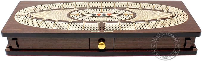 House of Cribbage - Continuous Cribbage Board/Box Inlaid in Wenge Wood/Maple : 4 Track - Sliding Lids Drawer &amp Metal Pegs with Score Marking Fields for Skunks Corners and Won Games