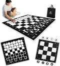 Swooc Games - 3-in-1 Giant Chess Checkers &amp Chess Tac Toe Game with Mat (4ft x 4ft) - Machine-Washable Canvas &amp 5 Big Foam Discs - Giant Chess Set Outdoor &amp Checkers Board Game for Adul