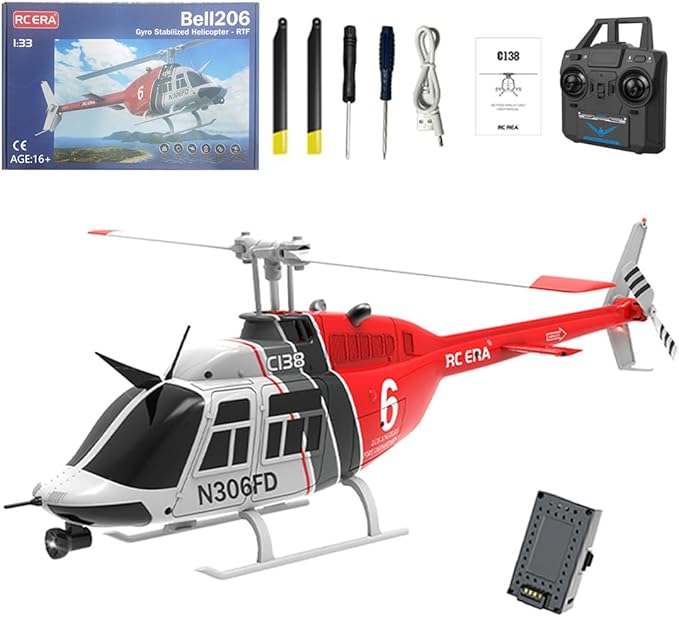RC ERA C138 1/33 Scale 206 Helicopter for Adult 2.4G 6CH No Aileron Helicopter with Altitude Hold and Optical Flow Positioning 1 Battery (RTF Version/Red&ampBlack&ampWhite)