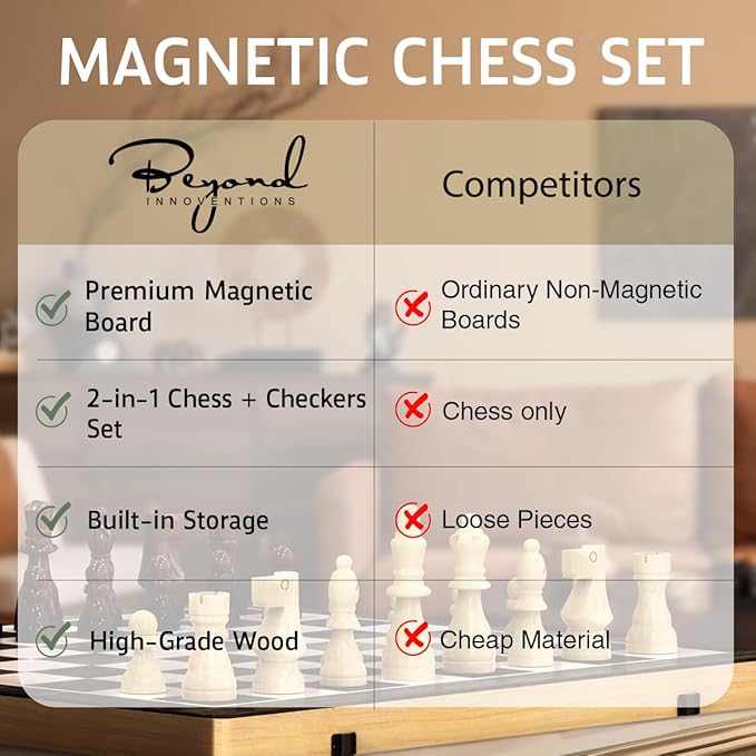 Wooden Magnetic Chess Set &amp Checkers Board Game 15” Foldable Chess Board | Solid Wood 2-in-1 Board Game for Adults with Storage Box 2 Extra Queens Portable Travel Chess Set for Kids &amp Begin