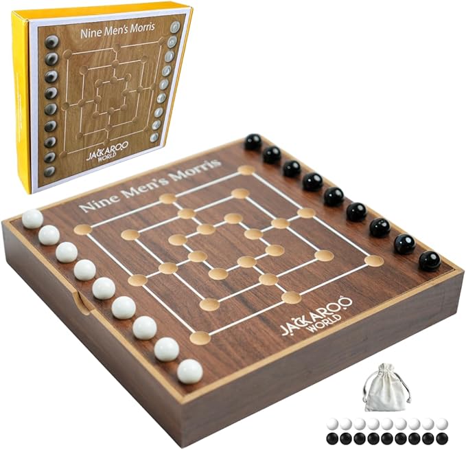 Nine Mens Morris Board Game Marble Strategy Game Solid Wooden Game with 18 Marbles 2 Player Games Ancient Board Games 9 Mens Morris Game Mill Strategy Games for Adults (Walnut)