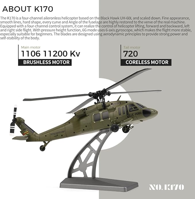 WL K170 RC Helicopter Model BK Hawk UH-60L 170 Size 4CH Flybarless Helicopter with Adjustable Left and Right Hand Throttle (RTF Version)