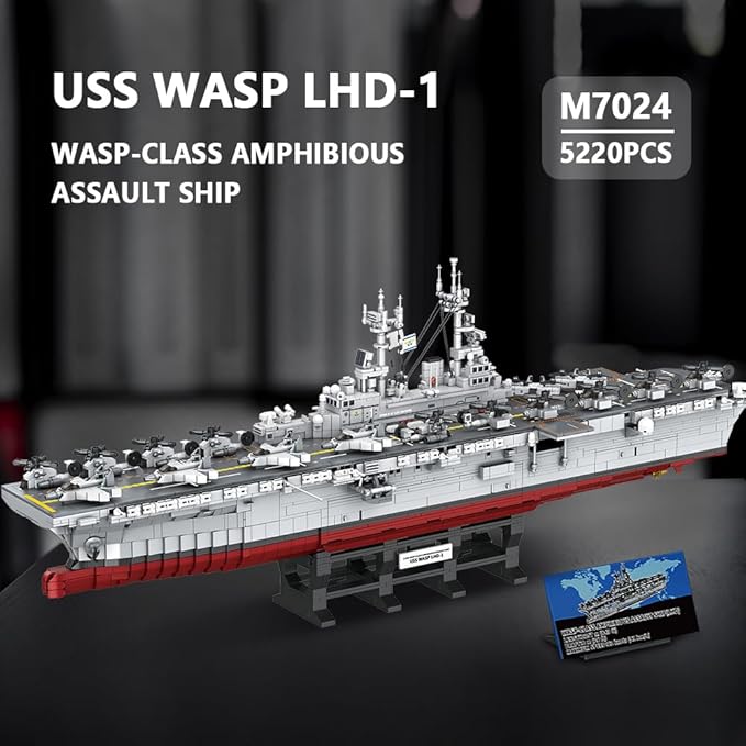 MISINI M7024 Wasp-Class Amphibious Assault Ship Building Kit1/300 Scale 5220 PCS US Navy Warship Model with Display Stand Large Ship Building Blocks Set for Adults &amp Teens