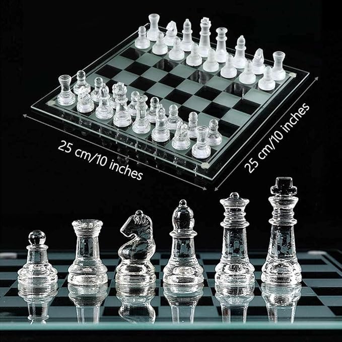 10*10 Glass Chess Set Frosted and Clear Pieces Felted Bottom for Adult and Teens（Gift for Game Education）