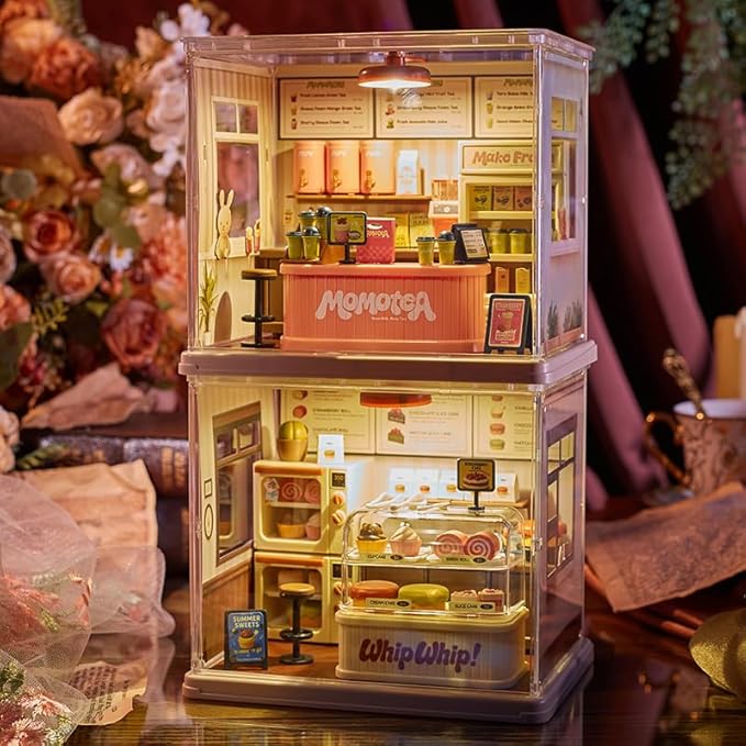 Milk Tea Shop DIY Miniature House Building Toy Dollhouse Set with LED Creator Playset Suitable for Mini Figures Construction Toys Diorama Kit Gifts for Adults