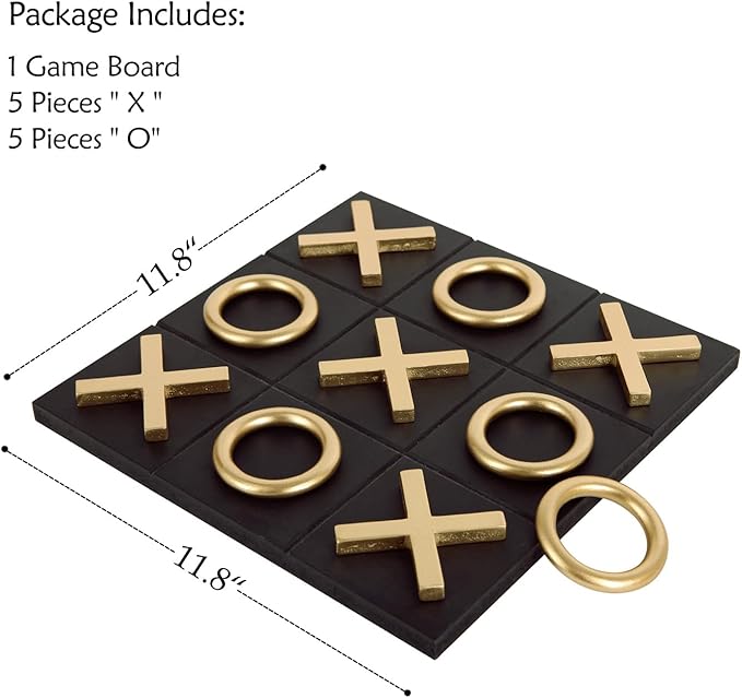 NIKKY HOME 12x12 Inch Tic Tac Toe Wood Game Board Classic Coffee Table Decor Modern Wooden Travel Game for Family Black &amp Gold