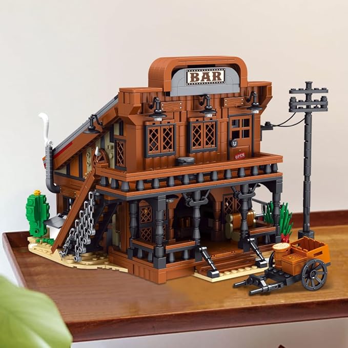 39116 Cowboy Town Bar Building Set with LED Lights 1834 PCS Wild West Saloon Modular Architecture Model Kit for Adults Western Street Scene