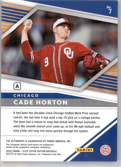 2022 Panini Elite Extra Edition Prime Numbers Signatures A #7 Cade Horton Auto Autograph SER/211 Chicago Cubs Official Pre-MLB Prospect/Draft Baseball Card in Raw (NM or Better) Condition